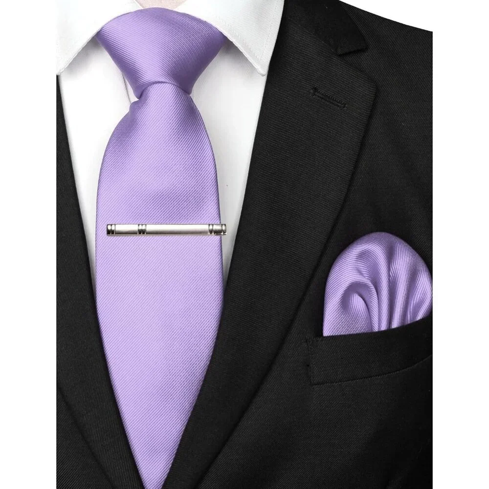 Men's Lavender Solid Color Formal Necktie And Pocket Square Tie Clip Sets